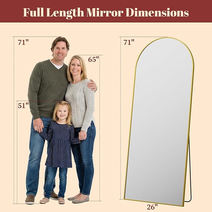 Suidia 71"x28" Arched Full Length Mirror with Stand, Full Body Mirror with Aluminum Frame, Freestanding/Leaning/Wall-Mounted, Floor Mirrors for Bedroom, Living Room, Entryway, Dressing Room, Gold