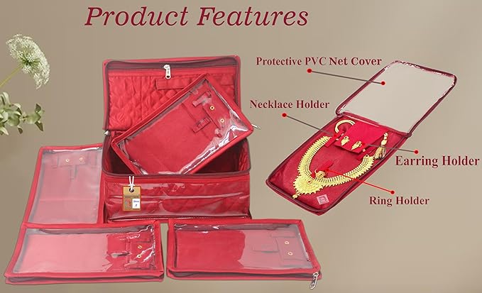 atorakushon Fabric Jewellery Organizer Make Up Kit with 5 Pouch (Maroon, Large)