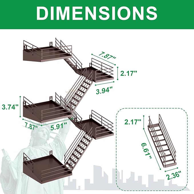 Fire Escape Shelf - 5 Tier Large Coffee Metal Fire Escape Wall Shelves with Baskets, New York Action Figurine Display Shelf, Unique Rustic Floating Decorative Wall Shelves for Home