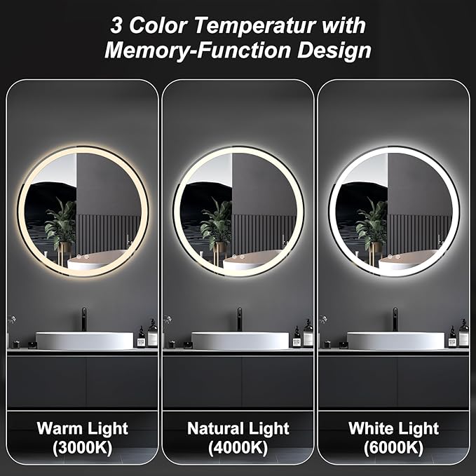 Sweetcrispy 36-Inch Round LED Bathroom Backlit Mirror with Lights, Circle Vanity Mirror with Anti-Fog, Dimmable, 3-Color Light, Memory Function, Tempered Glass