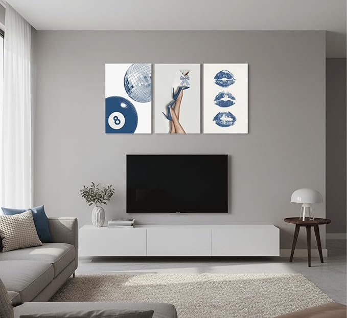 3Pcs BlueTrendy Aesthetic Canvas Wall Art,Fashion High-Heeled Shoe Print Posters,Lucky 8 Ball Lip Pictures,Y2K Stylish Wall Decor for Girls' Bedroom Dorm Apartment. 24x16in Framed