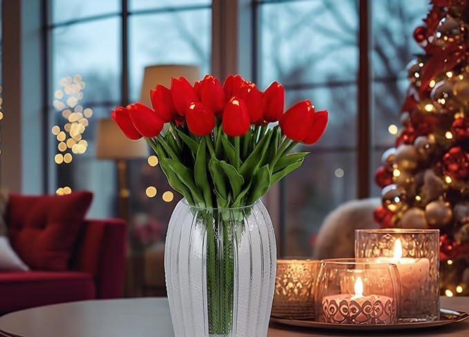 HOMESEASONS Lighted 20pcs LED Lighted Fake Flowers Artificial Tulips Real Touch Tulip Bouquet 15" Faux Tulips for Easter Decor Spring Decor Mother's Day Home Kitchen Wedding Decorations (Red)