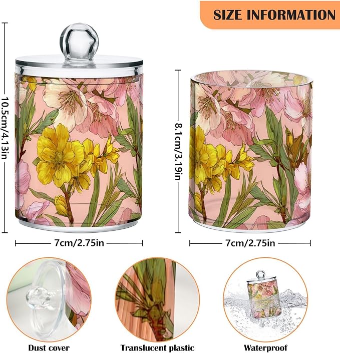 2 Pack Apothecary Jars Elegant Pink Yellow Floral Bathroom Vanity Storage Organizer Set,Small Clear Plastic Storage Jars Bathroom Canister for Cotton Swabs, Rounds, Balls, Qtips,Makeup Sponges,