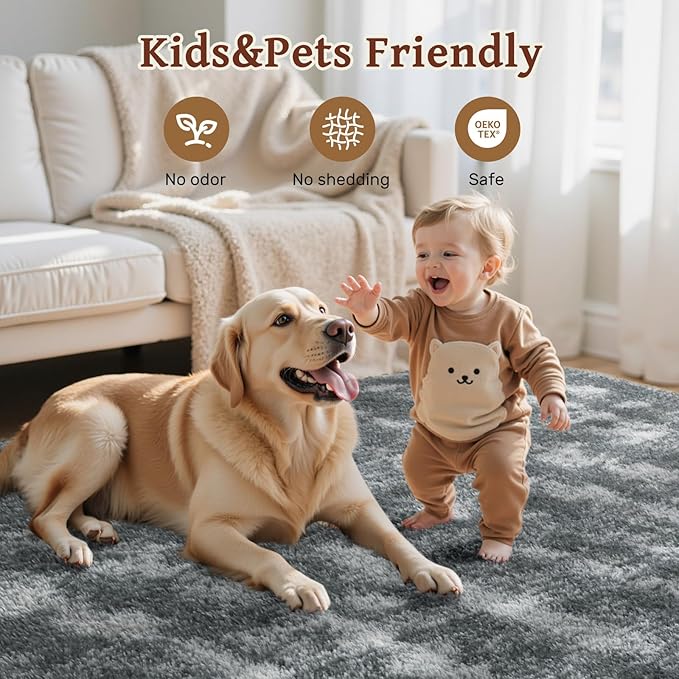 4x6 Feet Area Rugs for Bedroom,Grey Plush Fluffy Shaggy Living Room Rugs Non-Slip, Ultra Soft Carpet for Nursery Kids PlayRoom Dorm Office Indoor