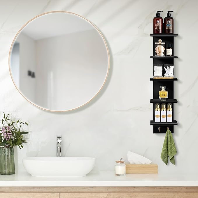 Sorbus 5 Tier Wall Shelf Unit with Hooks, Vertical Column Utility Shelving for Home Decor and Storage Organizer, Wall-Mounted Floating Shelves for Bathroom Storage, Bedroom, Living Room