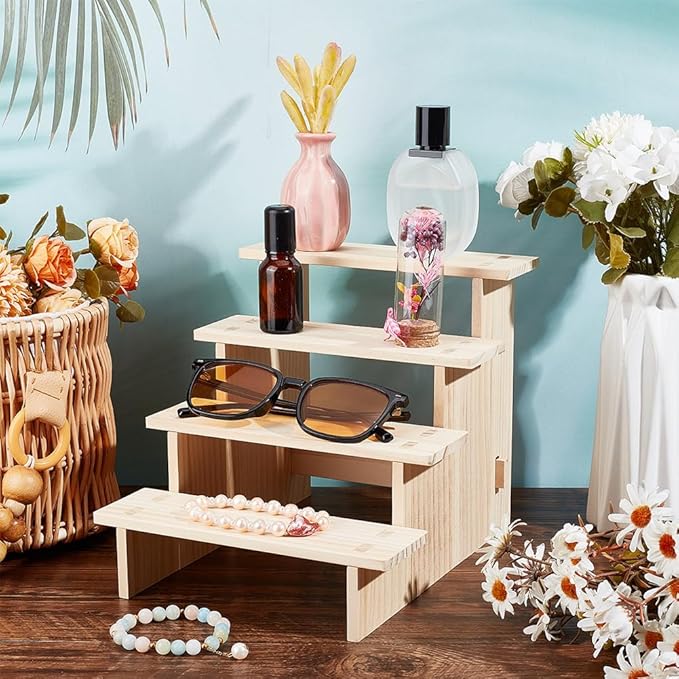 NBEADS 4-Tier Wooden Display Riser Shelf, Antique White Tabletop Small Food Stand Risers Display Makeup Step Perfume Organizer for Fragrance Cosmetics Figure Collection 9.41x7.87x7.36inch