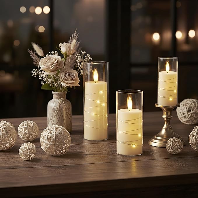 Raycare Flameless Candle with Remote Timer, 7 Flickering Acrylic Battery Operated LED Pillar Candles with Embedded Star String for Valentine's Day, Home Decor, and as a Gift(Ivory)