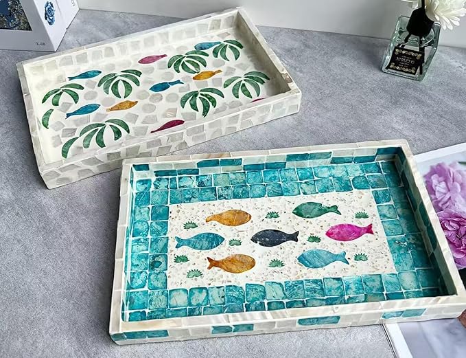 9.8In Rectangle Serving Tray with Mother of Pearl for Breakfast in Bed Tray Ottoman for Living Room Decorative Trays for Coffee Table Handmade Eating Trays for Bathroom Kitchen