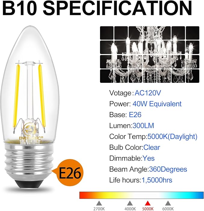 Energetic B10 B11 LED Filament Bulb E26 Candelabra Medium Base 5000K Daylight, 4W(40W Equivalent) 300 Lumens Dimmable Decorative Candle Light Bulb, Pack of 6
