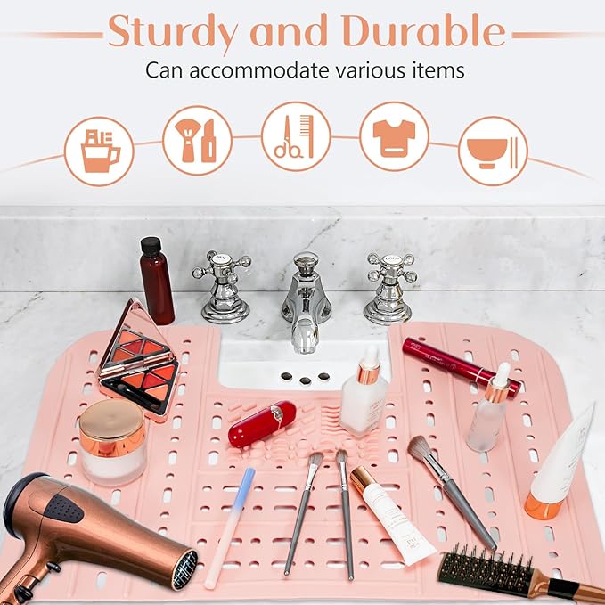 Sink Foldable Cover, Bathroom Sink Top Cover Space Saver, Silicone Makeup Organizer Mat for Over Countertop Bathroom Accessories (Pink)