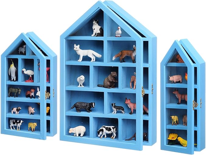 DoubleFill Set of 3 Wooden Trinket Display Shelf Shadow Box with Shelves 10 x 15 Inch Large Wall Mounted Display Storage Mini Figures Curio Trinket Medals Crafts Collections(Ocean Blue,House Shape)
