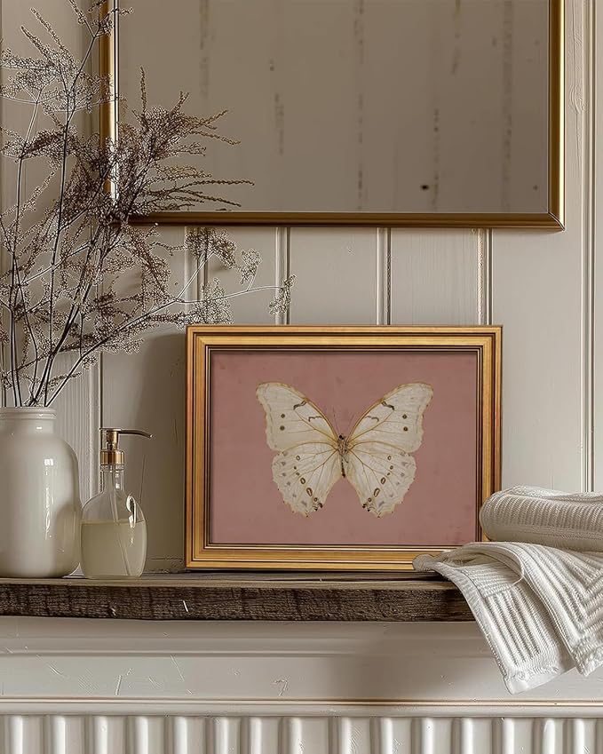 InSimSea Gold Framed Canvas Prints Wall Art, Vintage Bathroom Decor, Classical Moody White Butterfly Paintings Farmhouse Wall Decor Aesthetic, Retro Pictures for Bedroom Living Room Shelf, 12x16inch