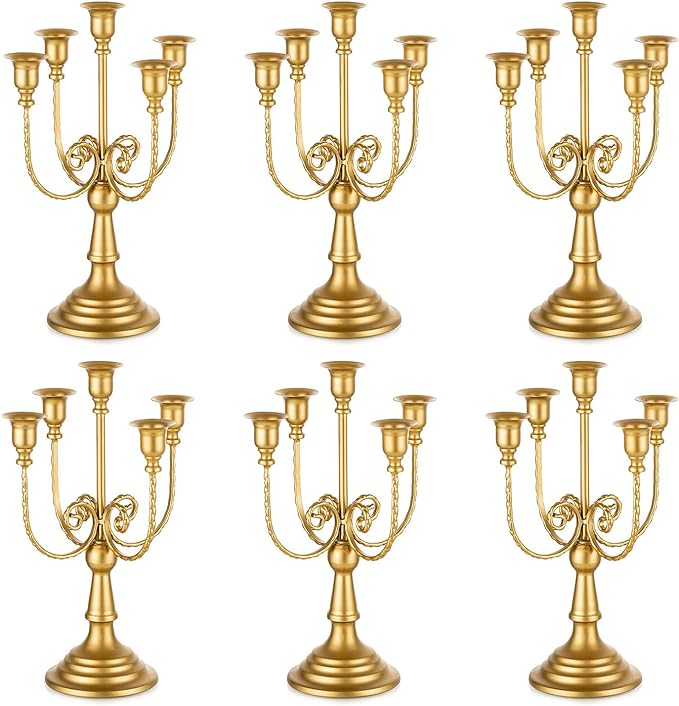 Romadedi Candelabra Gold Candle Holders - 5 Arm 11.8" Wedding Candlestick Holder for Theme Party Table Centerpiece Decor Dining Room Birthday Holiday Christmas, Set of 6