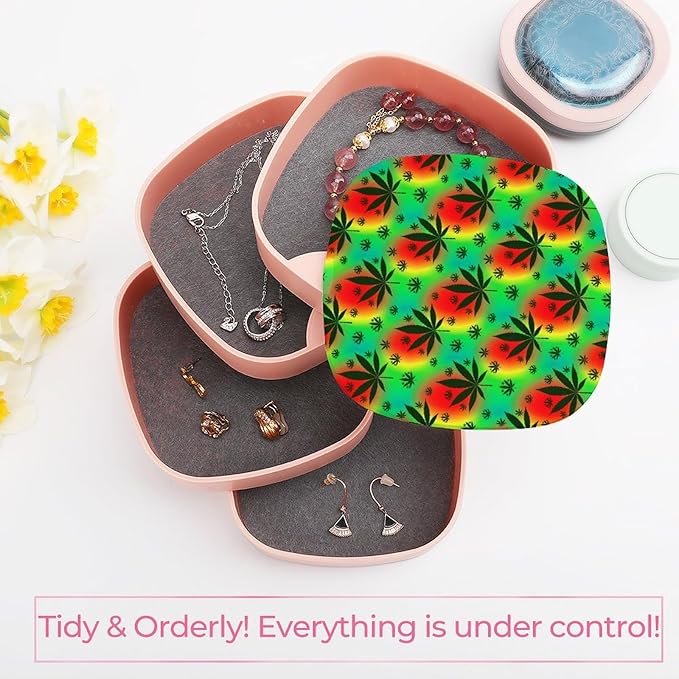 4-Layers Rotating Jewelry Box with Mirror Small Jewelry Storage Box Earring Holder for Bracelets Rings (Rasta Leaf Weedleaf)