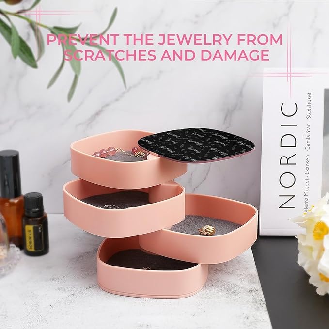 4-Layer Rotating Travel Jewelry Tray Holder Small Jewelry Storage Box Earring Organizer Box with Mirror (Rose Boss Lady White Black)