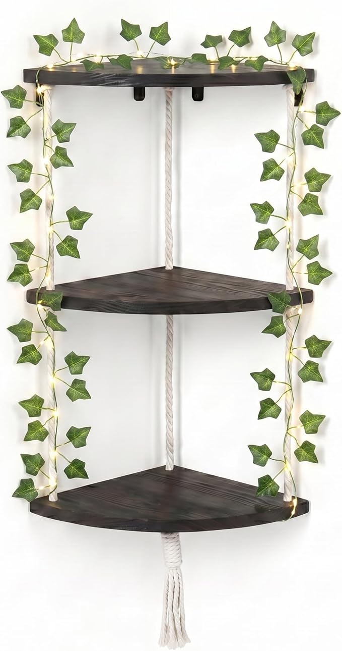 REFGY 3-Tier Corner Floating Shelves with Aesthetic Greenery & Fairy Lights - Premium Wood-Textured Boho Wall Hanging Shelf - Stable L-Bracket Support for Home Decor, Office & Small Spaces