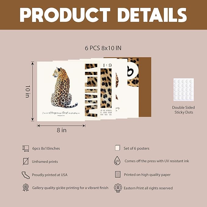 Eastern Print Trendy Leopard Print Wall Art Set, Cheetah Prints Room Decor, Bible Verse Art Prints, Trendy Decor for Bedroom, Living Room, Lucky 8 Ball Aesthetic Posters, 6Pcs 8x10in, UNFRAMED