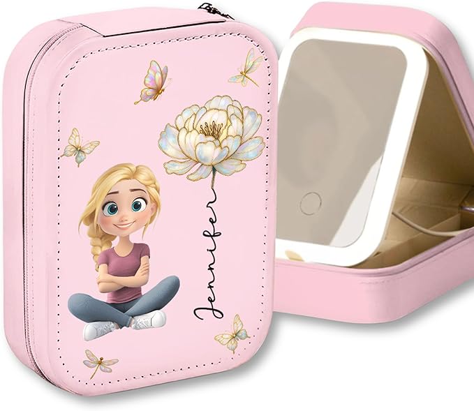 Wrappiness Makeup Box Gift for Women Girls With LED Mirror Floral Design - Personalized Birthmonth Flower Travel Jewelry Organizer Gift for Daughters Sisters on Birthday Christmas