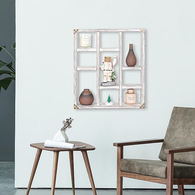17.7x15.7-Inch Shadow Box Shelf 9-Slot Rustic Wood Floating Shelves Larger Shelf Lightweight Solid Wood Display(Set of 2,9C-Rustic White)