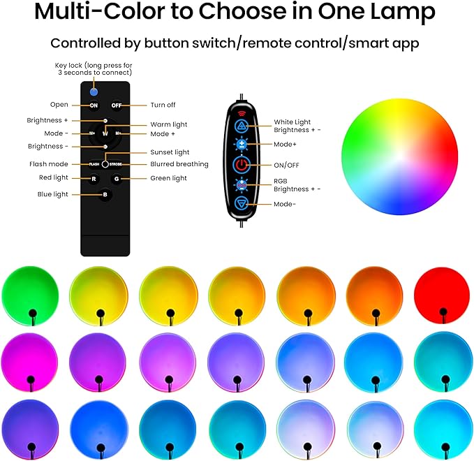 Tsrarey Sunset Lamp Projector with Remote Control, Multiple Colors LED APP Control Sunset Light Three Control Methods Night Light for Room Decor/Christmas Gift/Photography/Party/Bedroom Decor