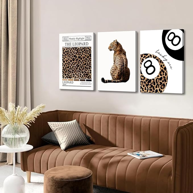 Set of 3 Trendy Leopard Canvas Wall Art Funky Lucky 8 Ball Posters Prints Preppy Room Aesthetic Cheetah Wall Decor Pictures for Girly Bedroom Apartment Dorm 12x16in