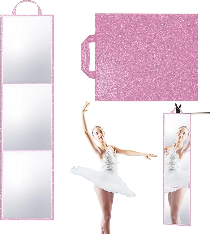 Foldable Full Length Mirror, 2-in-1 Wall Mounted or Tabletop Mirror, Portable Travel Mirror with Handle for Dance Home Bedroom Wardrobe Stage Makeup Checks Camping Outdoor Use (47" x 12.5", Tri-Fold)