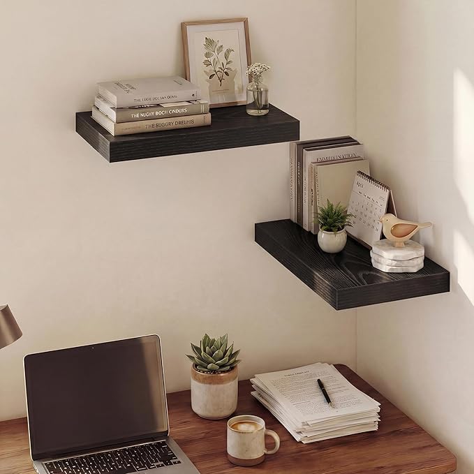 Dreamland 16 Inches Floating Shelves for Wall, 9.3" Deep Long Floating Shelves Set of 2, Large Display & Storage Shelf, Wall Shelf for Bathroom Bedroom Living Room Kitchen Office, Black