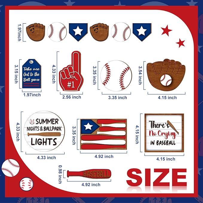 FairySandy 13 Pcs Baseball Tiered Tray Decor Wooden Baseball Table Centerpieces Decor Rustic Wooden Sport Game Sign for Fans Theme Party Supplies