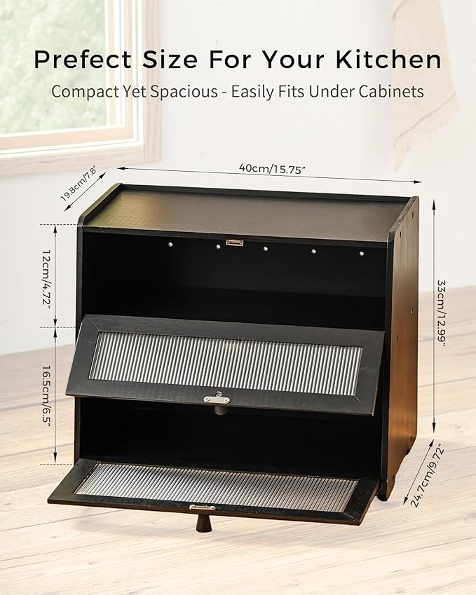 Bamboo Bread Box 2 Tiered for Kitchen Counter-Large Capacity Wood Bread Basket Storage Container Bread Box with Window Bread Holder with Shelf Vitamin Bottle Storage (black)