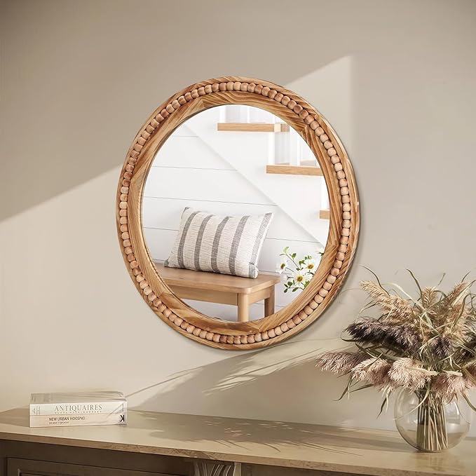 ULIKE Round Wood Mirror with Natural Wooden Bead Frame, 24 Inch Rustic Farmhouse Wall Mirror for Bathroom Nursery Bedroom Living Room Brown