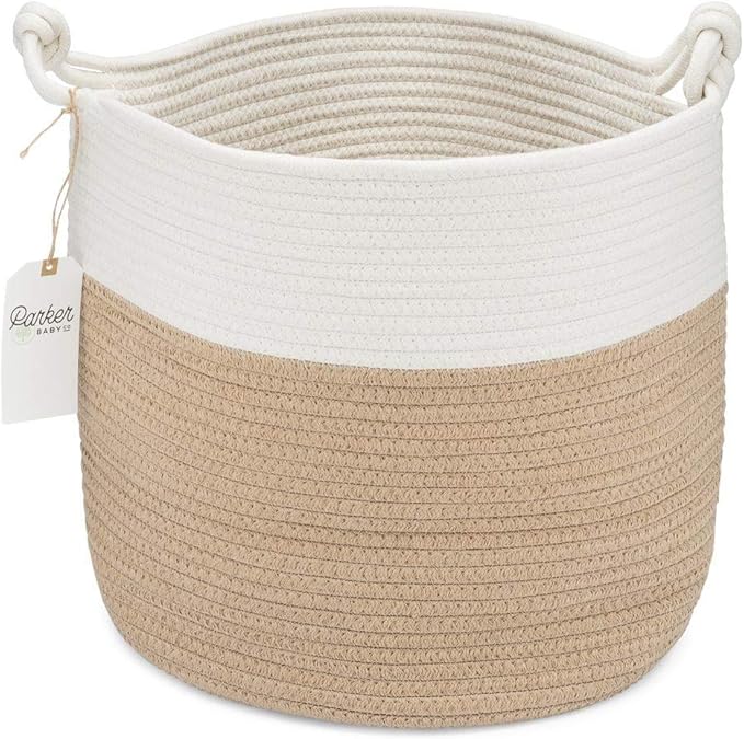 Parker Baby Nursery Storage Basket | Large Rope Storage Bin & Organizer for Laundry, Toys & Nursery Items | Collapsible, Versatile & Portable | Gender Neutral Colors to Match any Interior