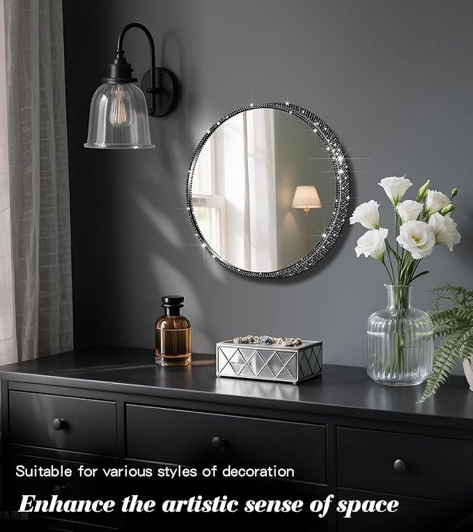Crystal Diamond Wall Mounted Mirror Black Makeup Mirror 12inch Round Bing Mirror for Bedroom Real Glass Mirror for Wall Decor