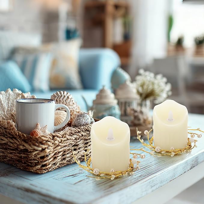 Daifunli 2 Pcs Pearl White Berry and Pip Gold Wire Candle Rings Vintage Pip Berries Wreaths for Pillar 3.9 Inch Candles Holder for Summer Ocean Beach Rustic Table Centerpiece Decor