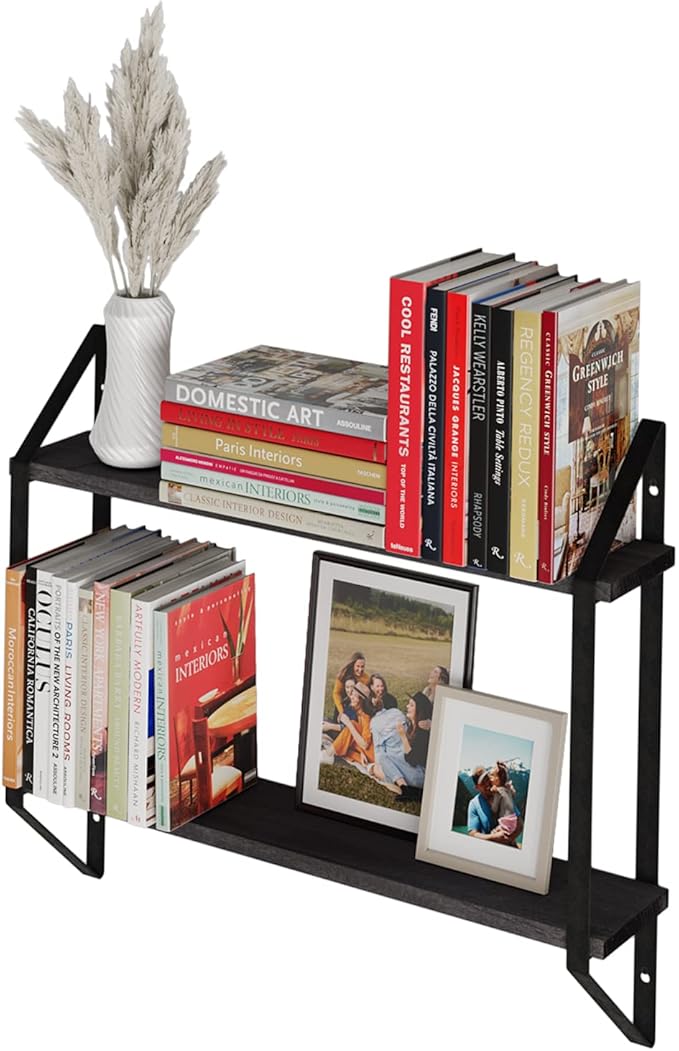 Wallniture Ponza 24" Rustic Floating Shelves for Wall, 2-Tier Wall Bookshelf for Living Room, Kitchen, Bathroom, Bedroom and Office Decor, Wood