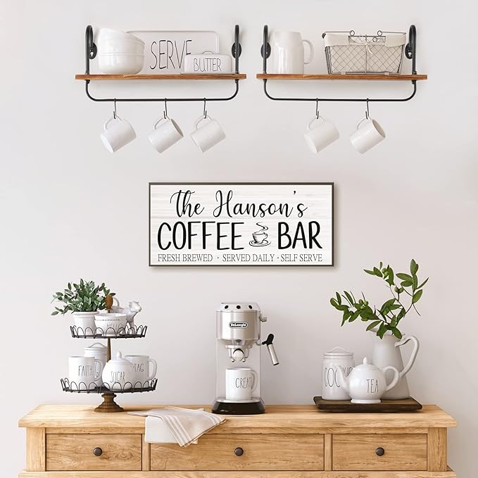 Olakee Floating Wall Shelves for Kitchen Bathroom Coffee Nook with 10 Adjustable Hooks for Coffee Mugs, Coffee Bar Organizer and Decor, Rustic Storage Shelves Set of 2