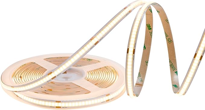 Maxxima 16.5 ft. COB LED Strip Light Spool, Plug-in Or Hardwired with Power Supply, 3000K Warm White, Dimmable, Self Adhesive Cuttable Rope Tape Light Roll for Bedroom, Kitchen and Mirror
