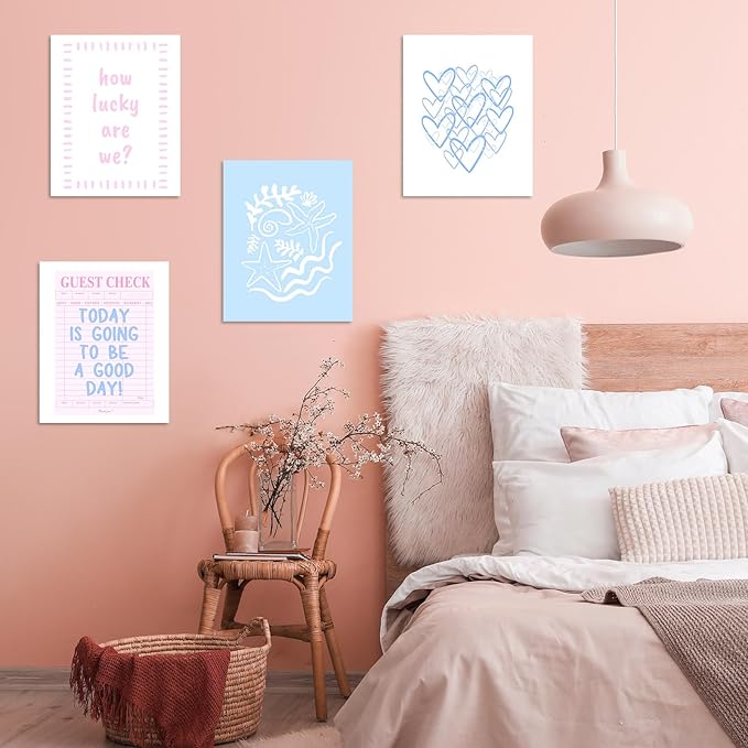 Habseligkeit Pink and Blue Wall Art Prints, Cute Wall Decors for Room Aesthtic, Posters for Girls Bedroom Decor Aesthetic Unframed, 8X10in, Set of 6