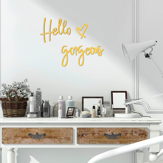 Blulu Hello Gorgeous Wall Decor Sign Hello Gorgeous Wall Art Minimalist Wooden Words Decor for Lash Room, Salon, Vanity or Makeup Room, Bathroom, Bedroom, Office(Gold)