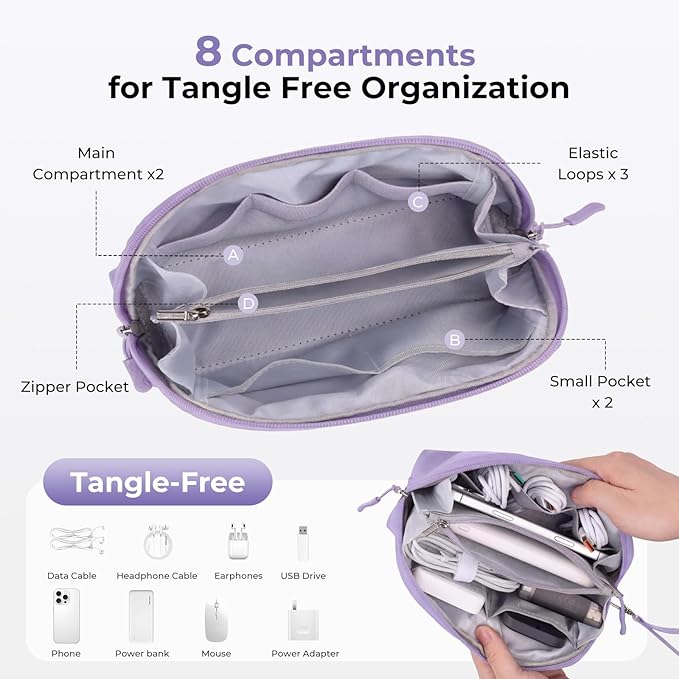 FYY Travel Cable Organizer - 8 Compartments Lightweight Water Resistant Tech Pouch with Wrist Strap, Portable Electronic Accessories Case for Cord Charger Storage for Travel Home Office Purple (Small)