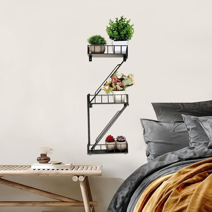 Zonon Fire Escape Wall Shelf Hanging Metal Ladder Shelves Wall Decor Cool Bookshelf Organizer Floating Shelves Action Figure Shelf for Home Bedroom Storage Display(Black,3 Tier)