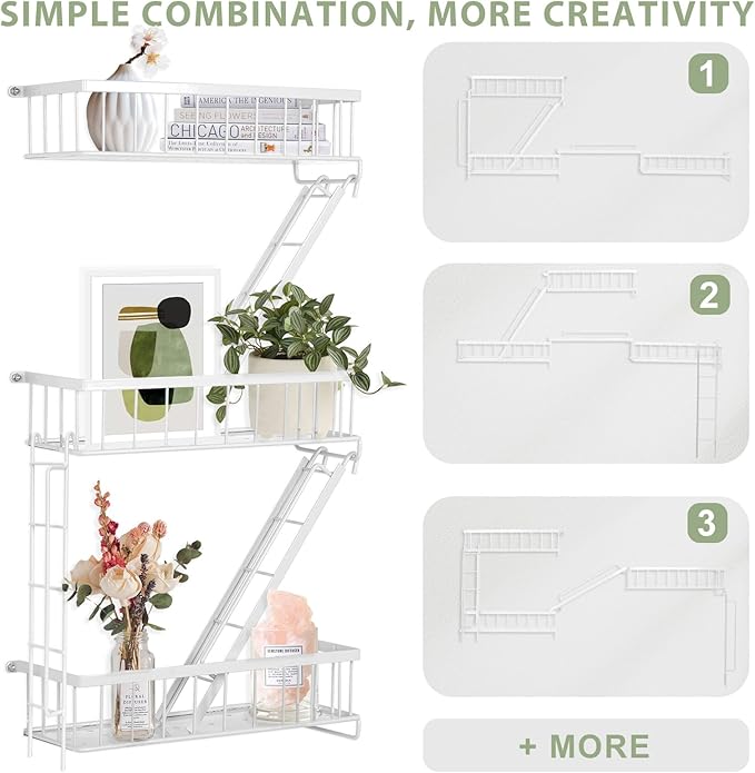 SweetSage Fire Escape Shelf - 3 Tier White Wall Display Floating Shelves, Metal Decorative Shelving for Bedroom, Home Décor, Action Figure Display