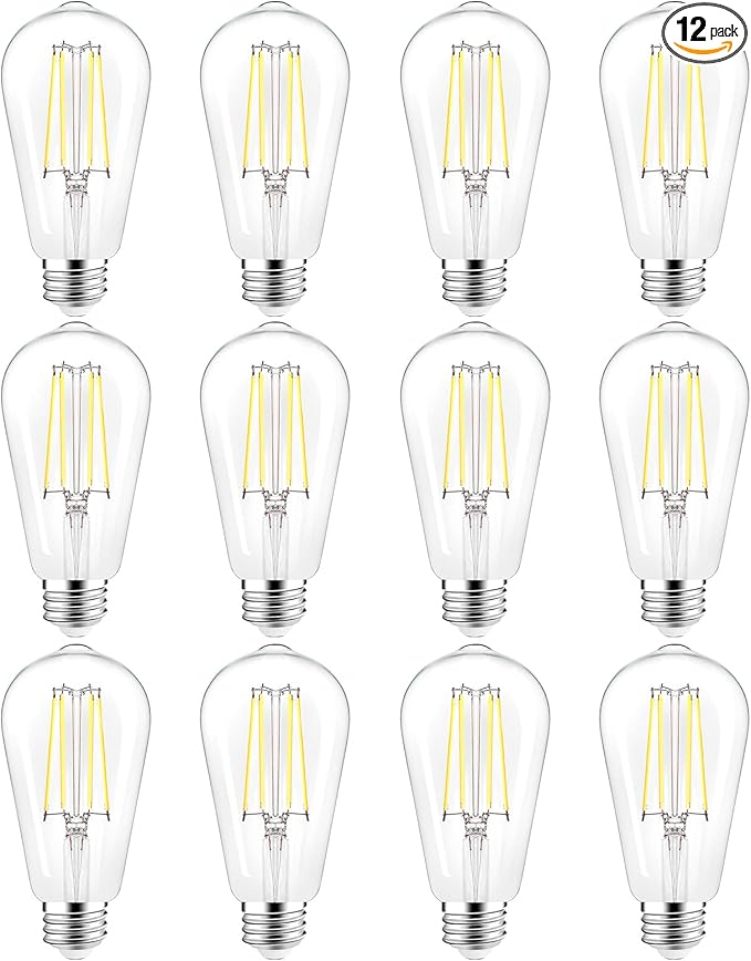 PARTPHONER LED Light Bulbs Dimmable Vintage Edison Bulb, E26 LED Bulb 60W Equivalent 720 Lumens, Daylight 5000K, ST58 Antique LED Filament Bulb CRI 85+, Clear Glass, Pack of 12