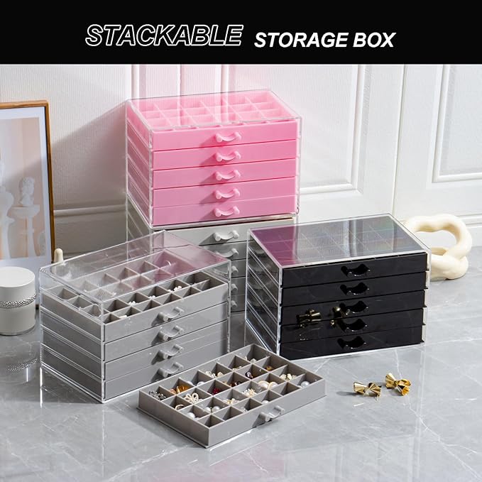 YUFONG Earring Storage Box Organizer, Acrylic Jewelry Storage Box Holder 5 Drawers Transparent Jewelry Display Stand with 120 Small Compartments Gift Boxes for Women Girls (Gray)