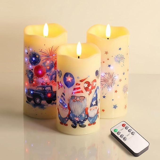 Eywamage Patriotic Fiber Optic Flameless Candles with Remote, Flickering Battery LED Candles Set of 3, 4th of July Independence Day Memorial Day Decor