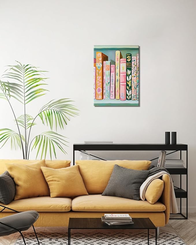 Book Wall Art Vintage Flower Books Canvas Wall Decor Pastel Bookshelf Artwork Painting Pictures Colorful Book Stack Posters Prints for Living Room Bedroom Reading Nook 16x24 Inch Framed
