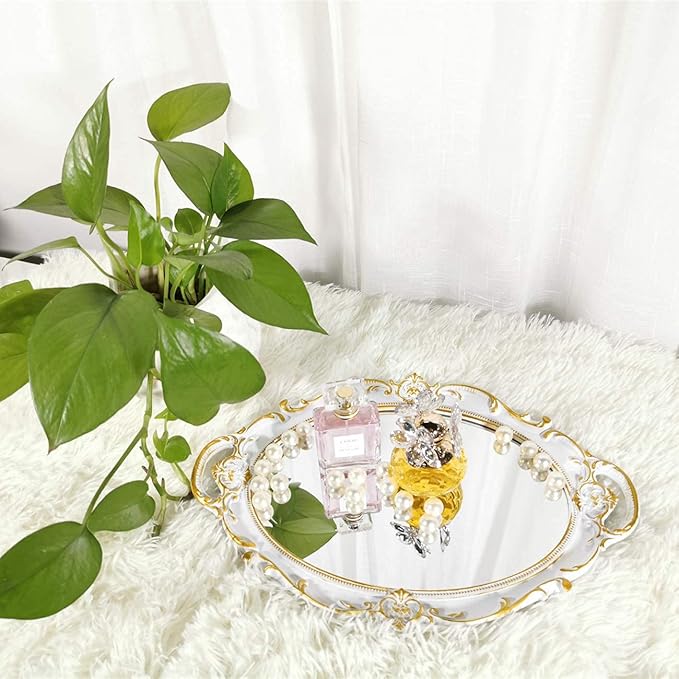 Oval Decorative Mirror Tray, French Style, Makeup Organizer, Jewelry Organizer, Serving Tray, 9.8"x 14.6", Golden White