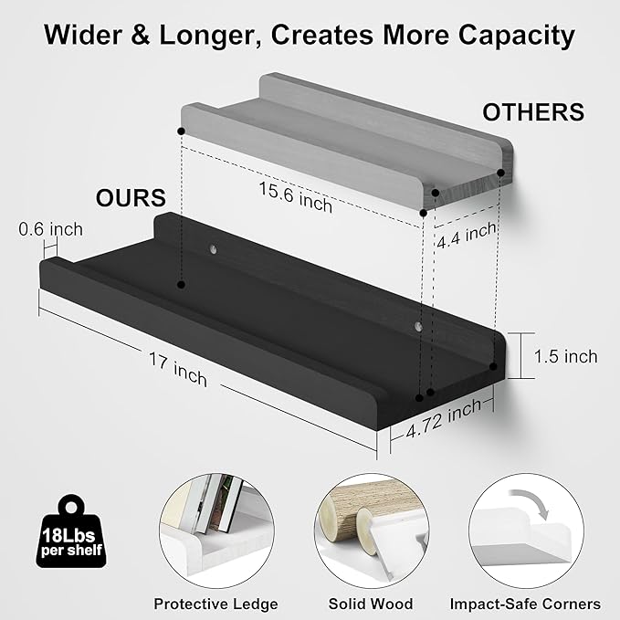 Love-KANKEI Floating Shelves Wall Mounted Set of 2, 17 Inch Rustic Wood Wall Shelves for for Storage, Bedroom Living Room Bathroom Kitchen Office and More Black