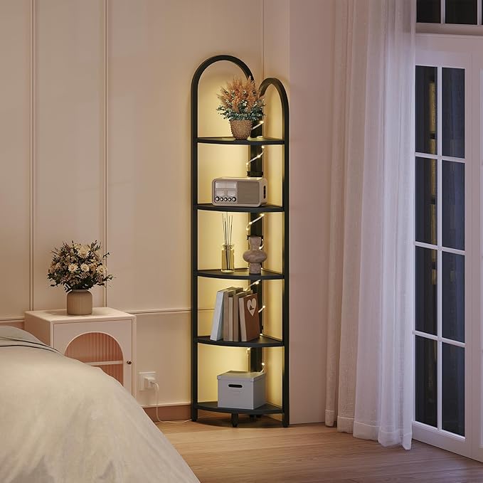 MAHANCRIS 5-Tier Corner Shelf with LED Light, 64.6'' Arched Corner Bookshelf, Narrow Storage Shelf with Metal Frame, for Living Room, Bedroom, Small Spaces, Black CSBK55101