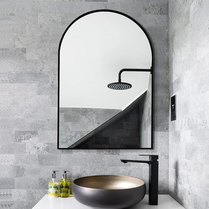 Arched Wall Mirror, Black Decorative Hanging Mirror, 36"x24" Vanity Mirror Brushed Aluminum Alloy Frame for Bathroom, Bedroom, Living Room, Entryway, Hang Vertical or Horizontal