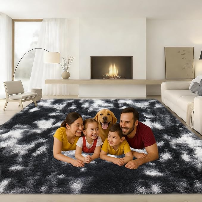 6x9 Rugs for Living Room, Rugs for Bedroom, Plush Fluffy Carpet, Non-Slip Upgrade Black White Grey Rug, Suitable for Kids Home Decor Aesthetics Dorm.